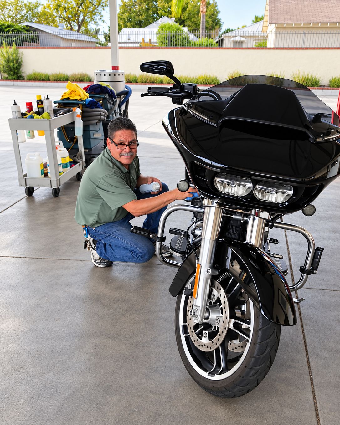 Our detailer kneeling beside a black touring motorcycle, finishing the front end by hand, with a cart of detailing products in the background