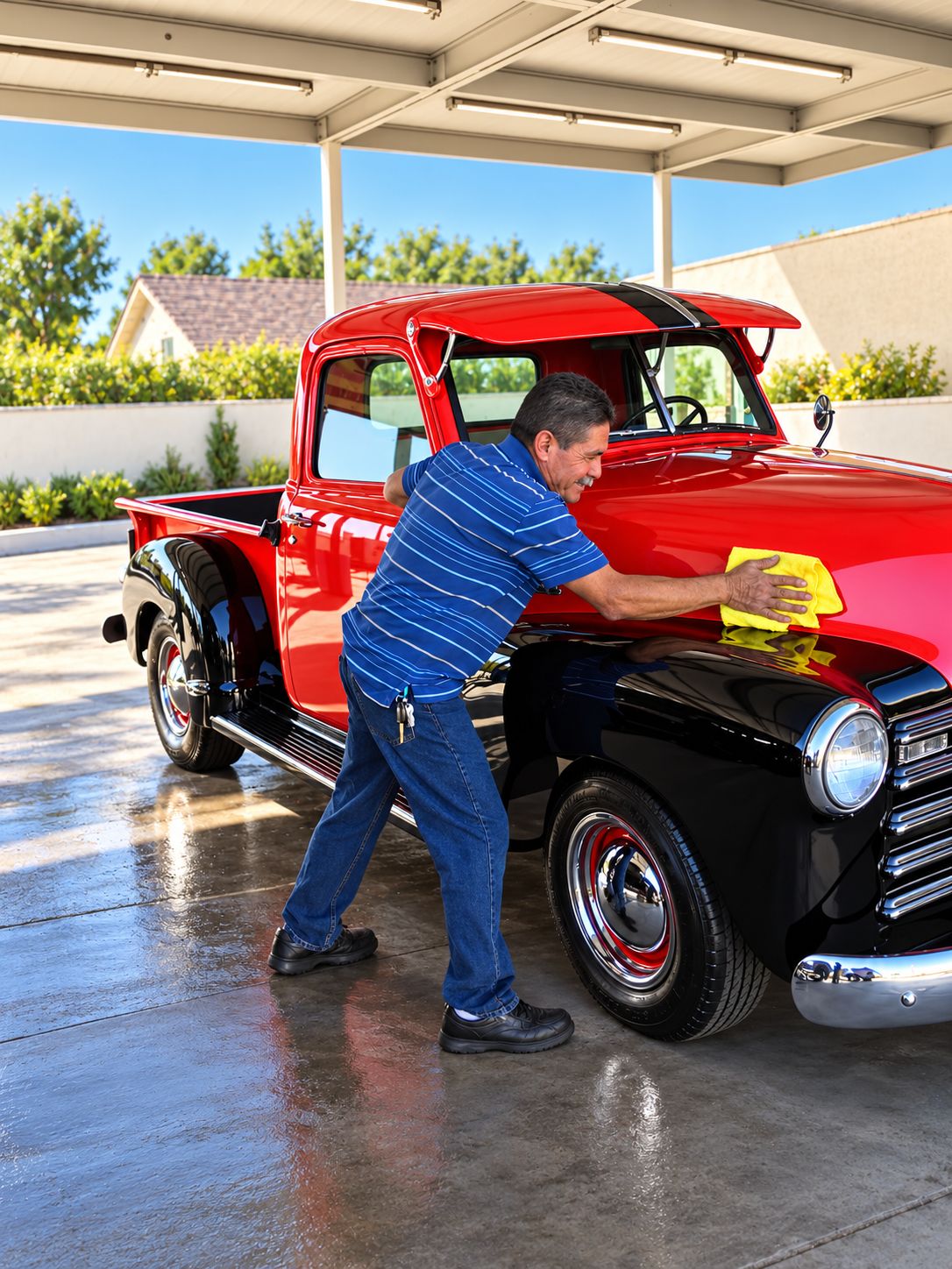 Our detailer hand-polishing the front fender of a red and black classic pickup with a yellow microfiber towel